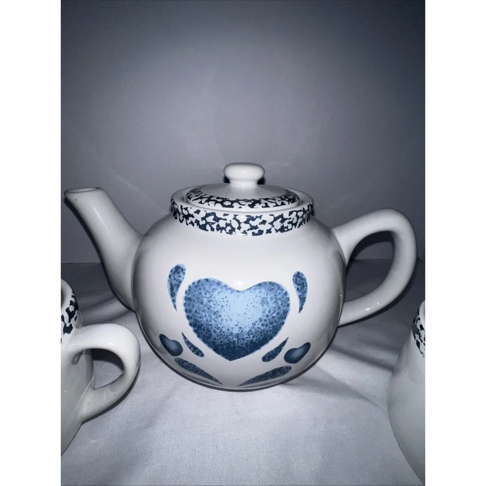 Corelle/ Jay Import Blue Heart Tea Pot Sugar & Creamer Set VTG 3 Piece